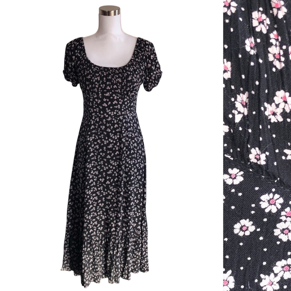 VINTAGE 90s Y2K Angie Black White Ditzy Floral Short Puff Sleeve Midi Dress Med